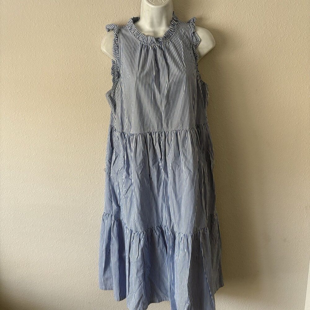 J. Crew Dress Womens Size 8 Blue White Striped Tiered Flounce Midi Sleeveless